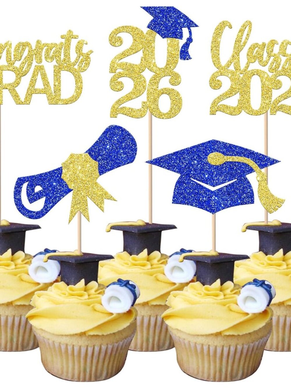 30 Pack 2026 Grad Cupcake Toppers Glitter Class of 2026 Cupcake Picks Congrats G